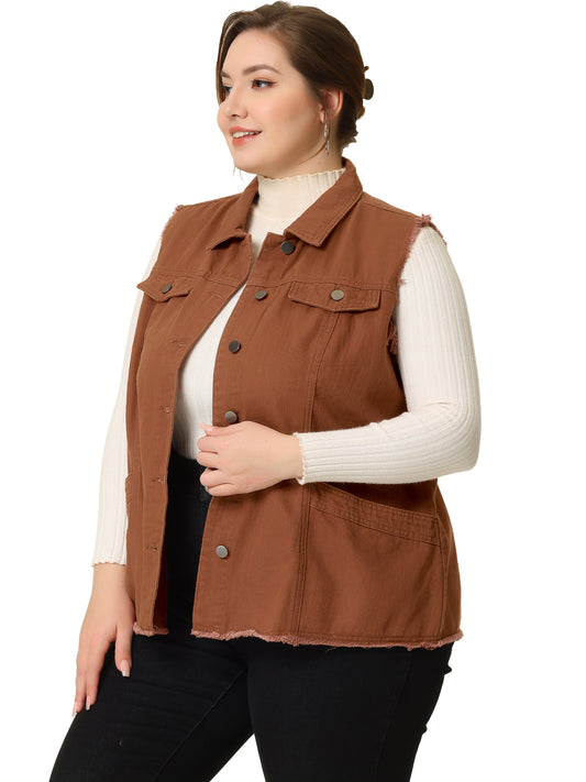 Chaqueta vaquera de talla grande para mujer, con botones, solapa delantera, deshilachada, lavada, sin mangas, chaleco vaquero largo