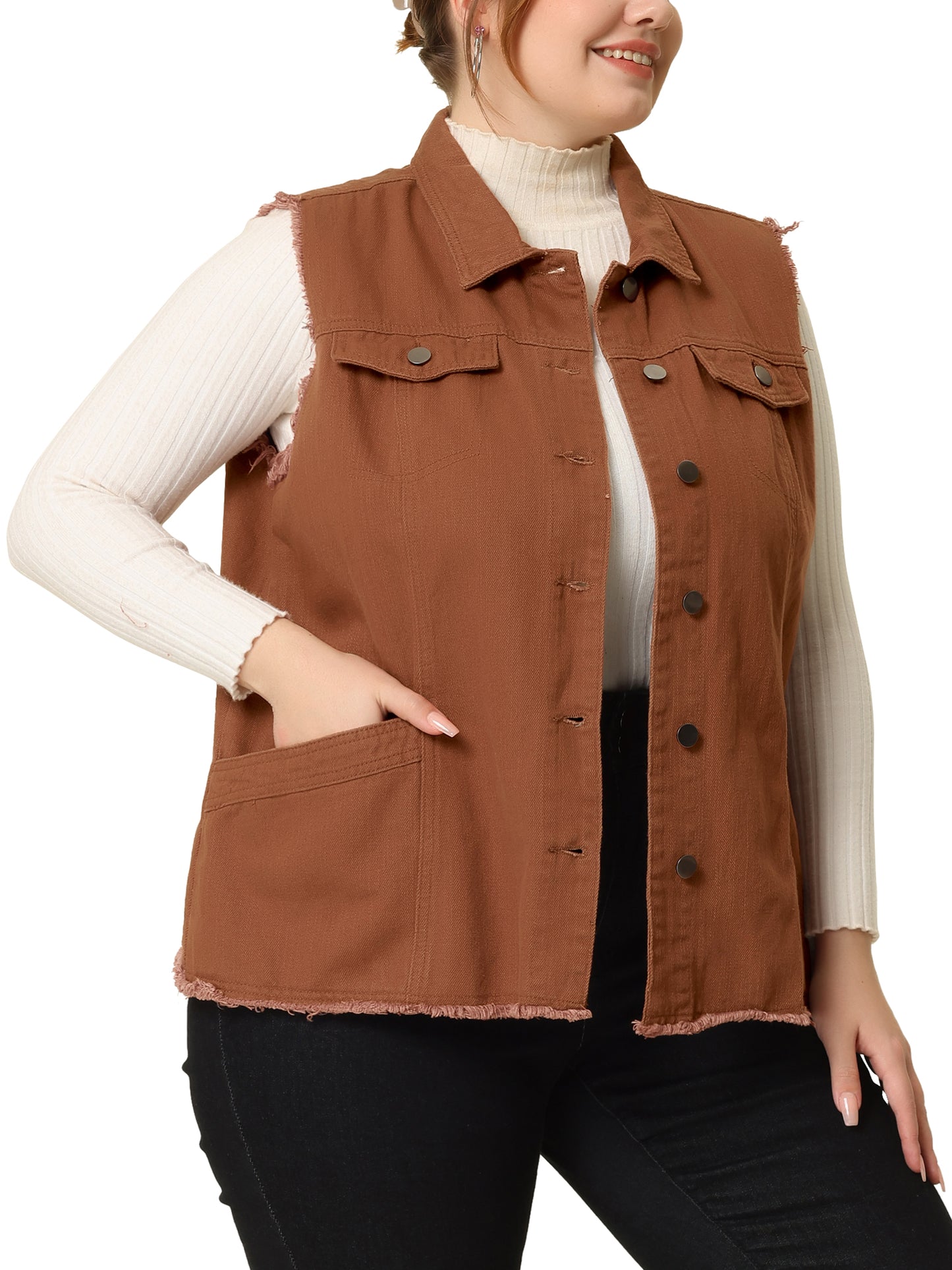Chaqueta vaquera de talla grande para mujer, con botones, solapa delantera, deshilachada, lavada, sin mangas, chaleco vaquero largo