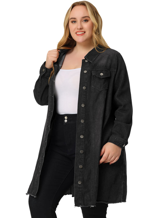 Chaqueta vaquera de talla grande para mujer, informal, larga, desgastada, con botones y bolsillos.