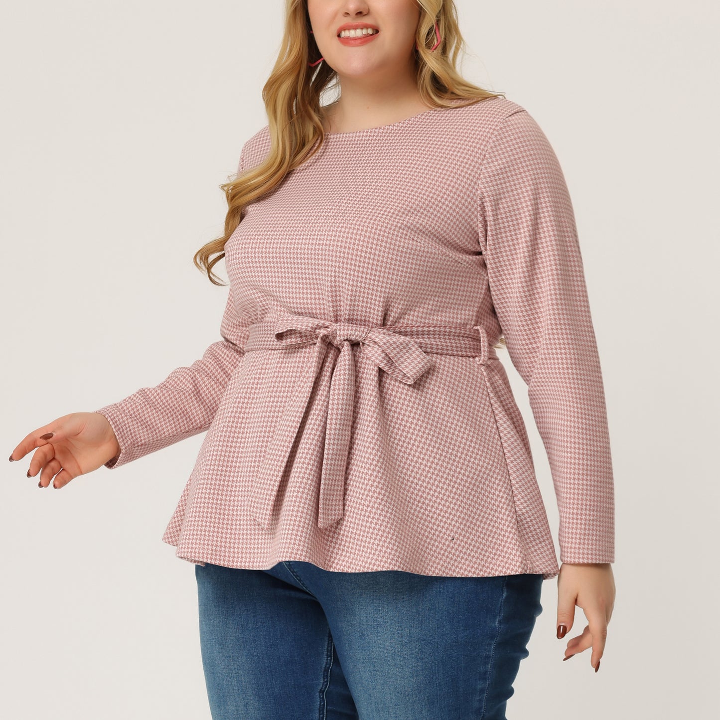 Women's Plus Size Peplum Top Belted Tie Houndstooth Blouse Long Sleeve Tunic