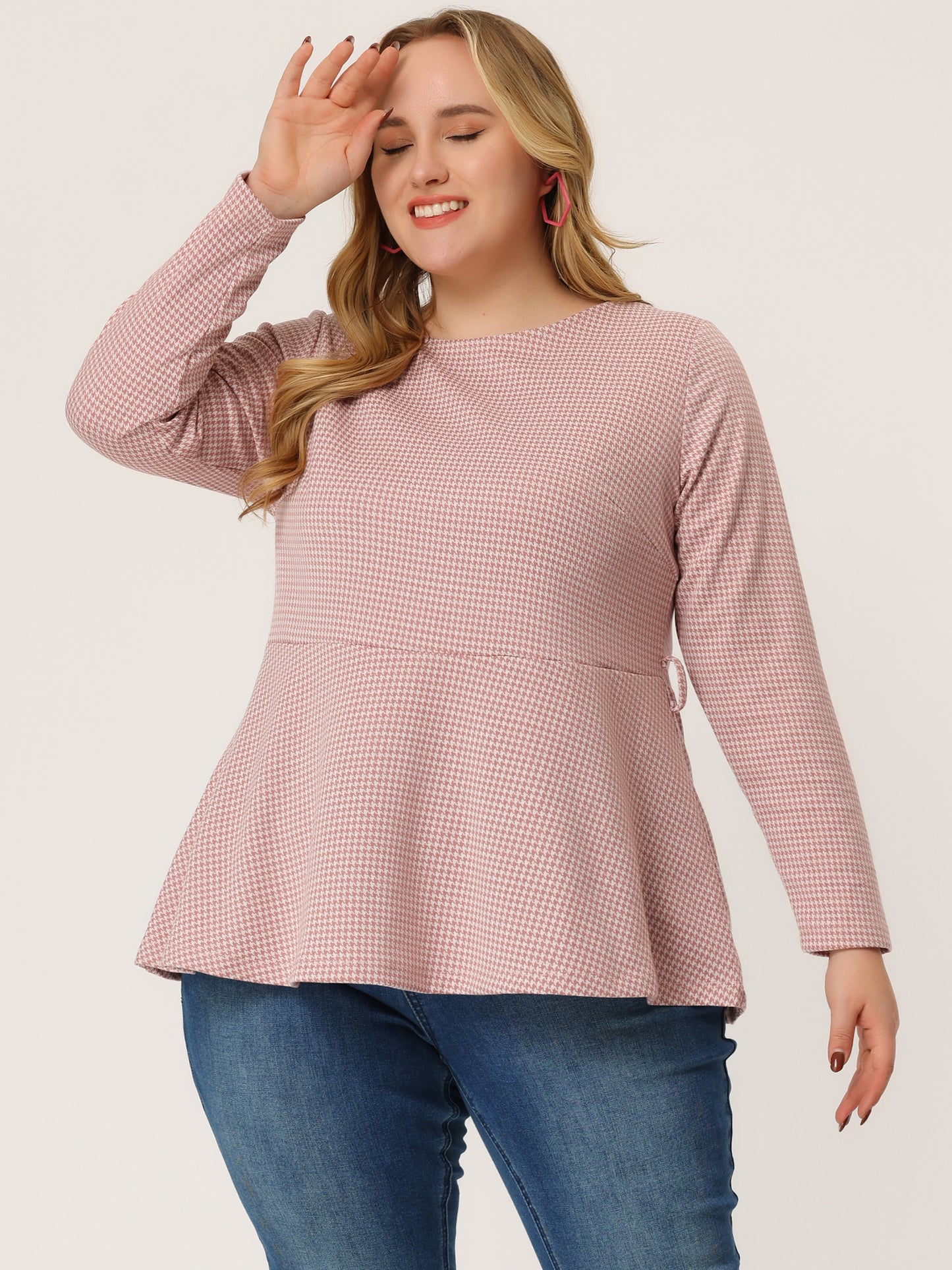 Women's Plus Size Peplum Top Belted Tie Houndstooth Blouse Long Sleeve Tunic