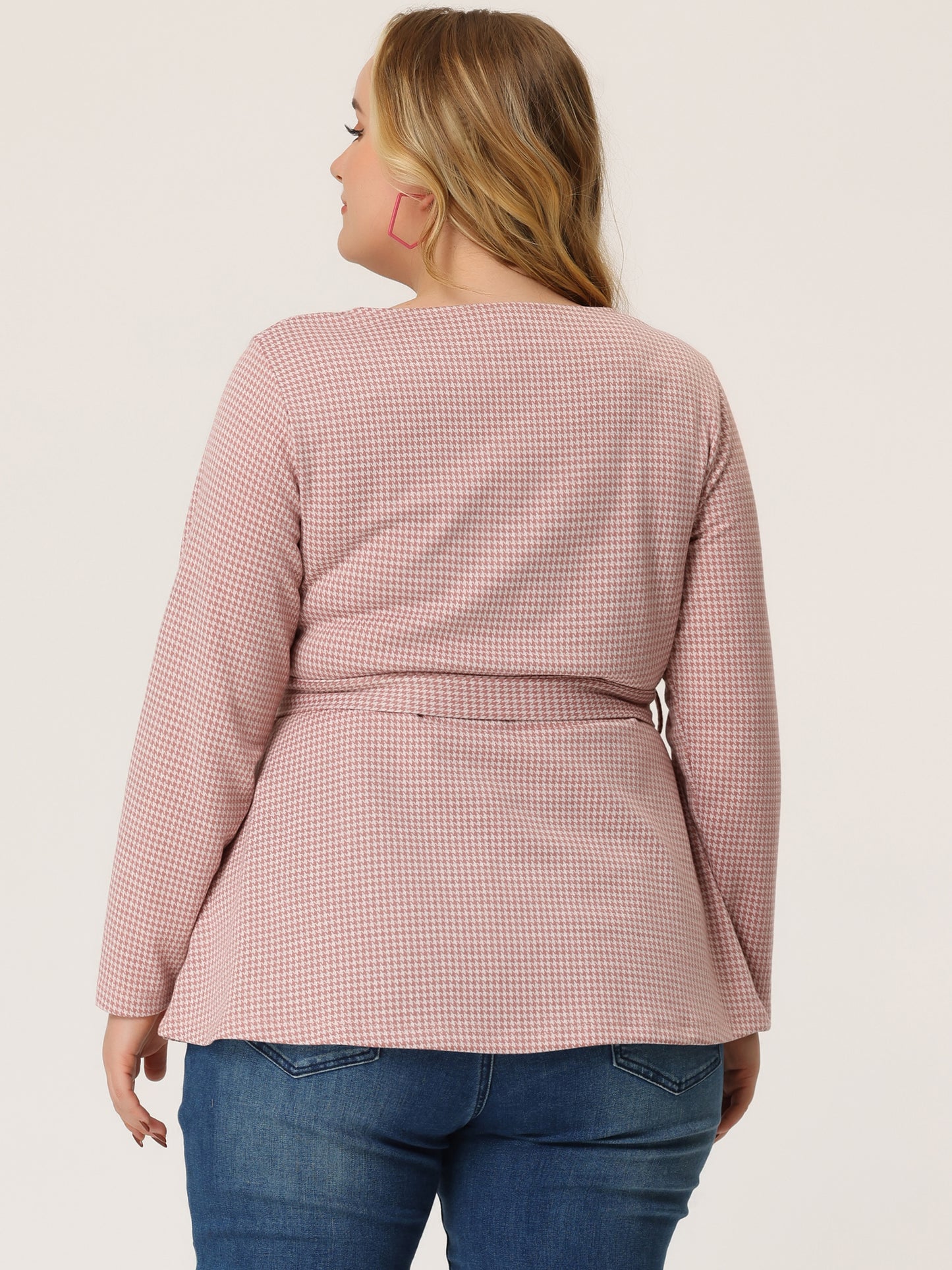Women's Plus Size Peplum Top Belted Tie Houndstooth Blouse Long Sleeve Tunic