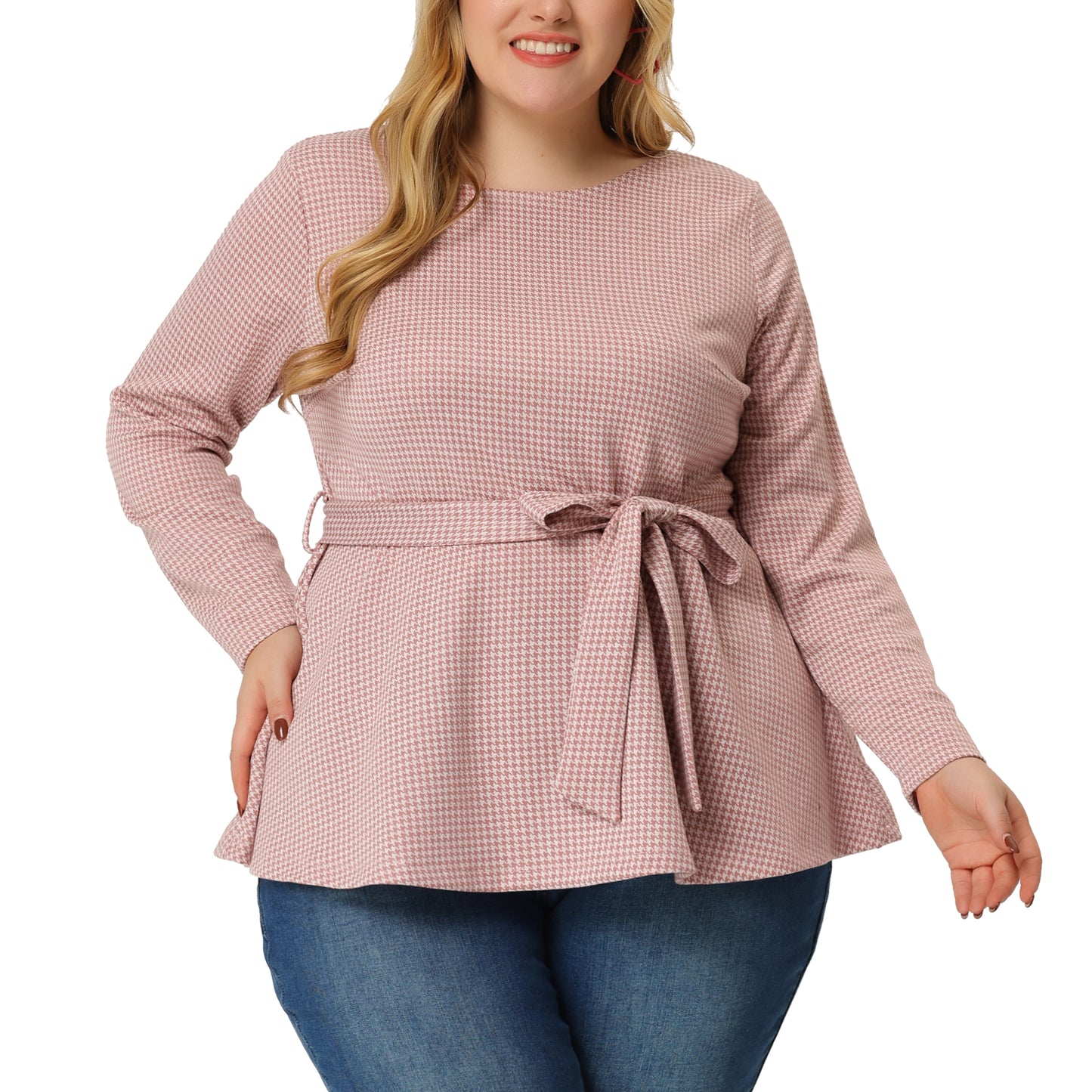 Women's Plus Size Peplum Top Belted Tie Houndstooth Blouse Long Sleeve Tunic