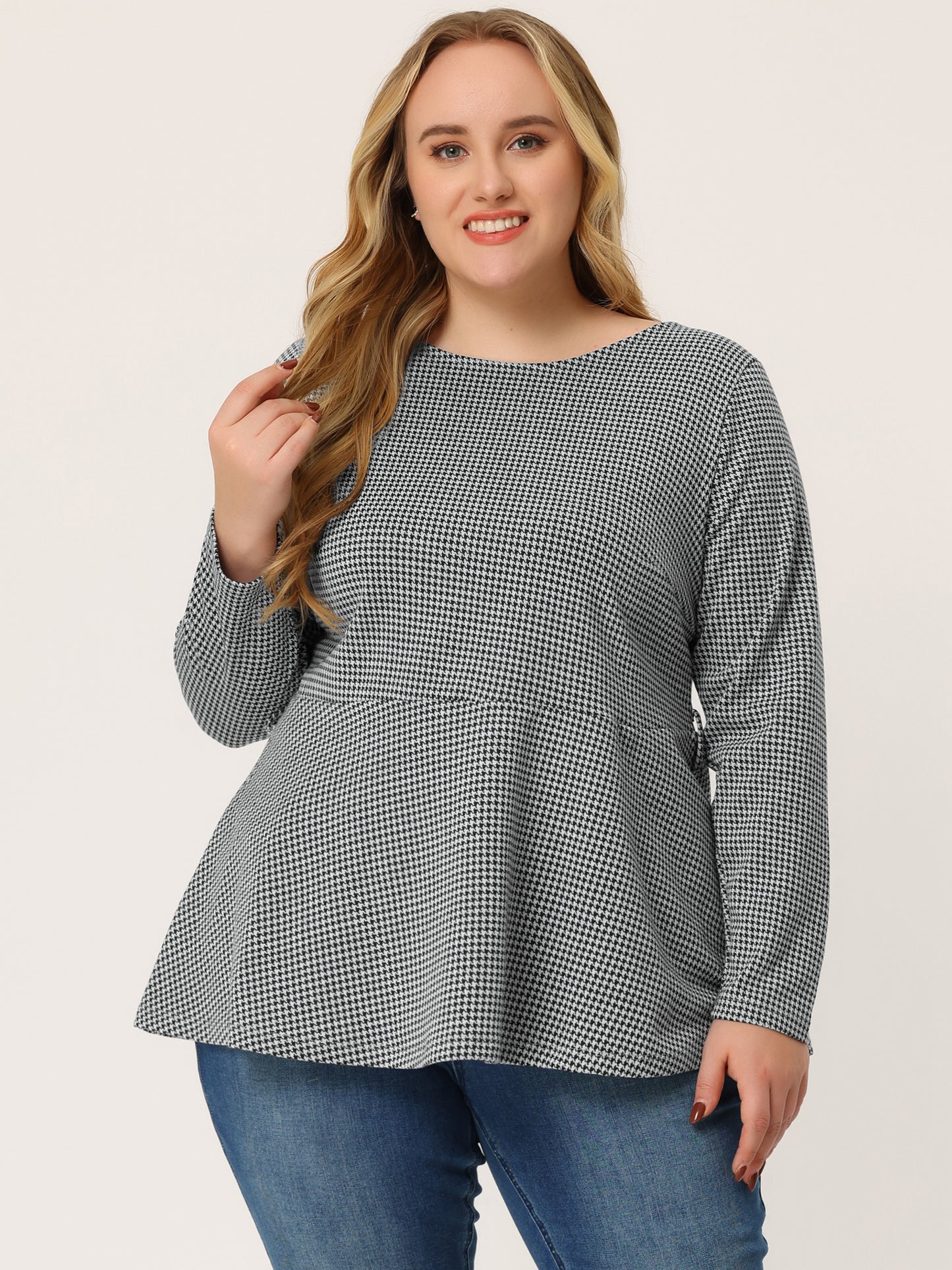 Women's Plus Size Peplum Top Belted Tie Houndstooth Blouse Long Sleeve Tunic