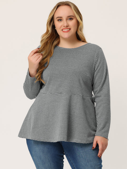 Women's Plus Size Peplum Top Belted Tie Houndstooth Blouse Long Sleeve Tunic