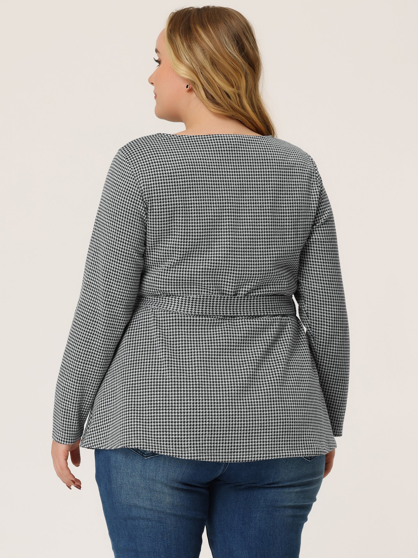 Women's Plus Size Peplum Top Belted Tie Houndstooth Blouse Long Sleeve Tunic