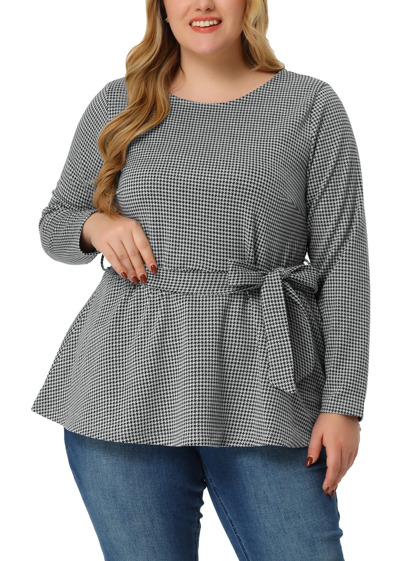 Women's Plus Size Peplum Top Belted Tie Houndstooth Blouse Long Sleeve Tunic