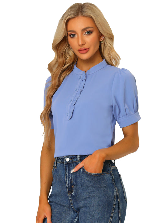Women's Retrp Workwear Half Placket Puff Sleeve Ruffled Blouse Top