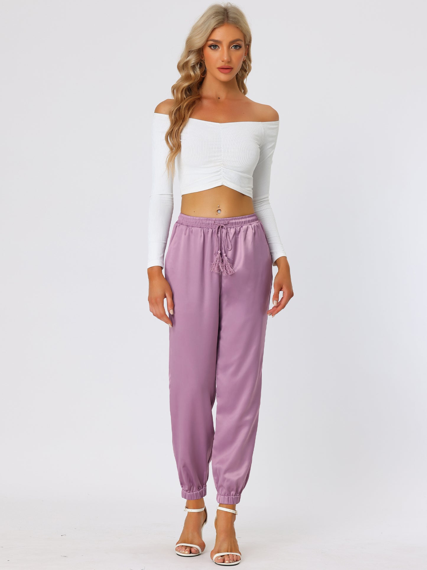 Women's Drawstring Elastic Waist Athleisure Pants Casual Ankle Length Satin Joggers with Pocket