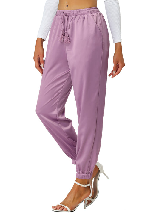 Women's Drawstring Elastic Waist Athleisure Pants Casual Ankle Length Satin Joggers with Pocket