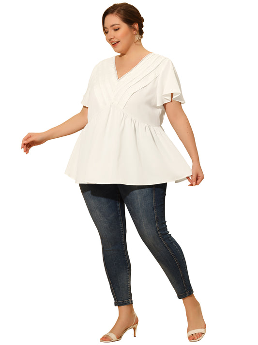 Women Plus Size Top Summer Flare Sleeve V Neck Lace Front Work Peplum Blouse