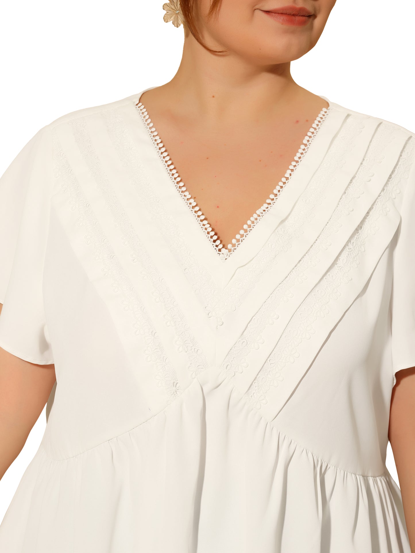Women Plus Size Top Summer Flare Sleeve V Neck Lace Front Work Peplum Blouse