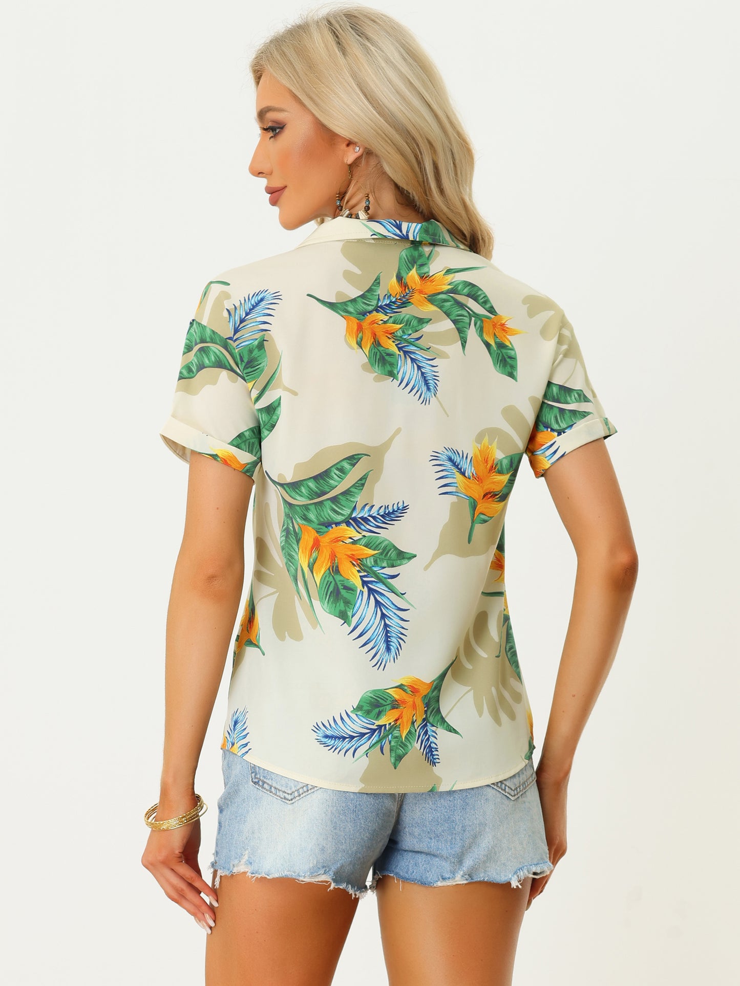Women's Hawaiian Summer Floral Leaves Printed Short Sleeve Top Tropical Button Down Shirt (Available in Plus Size)
