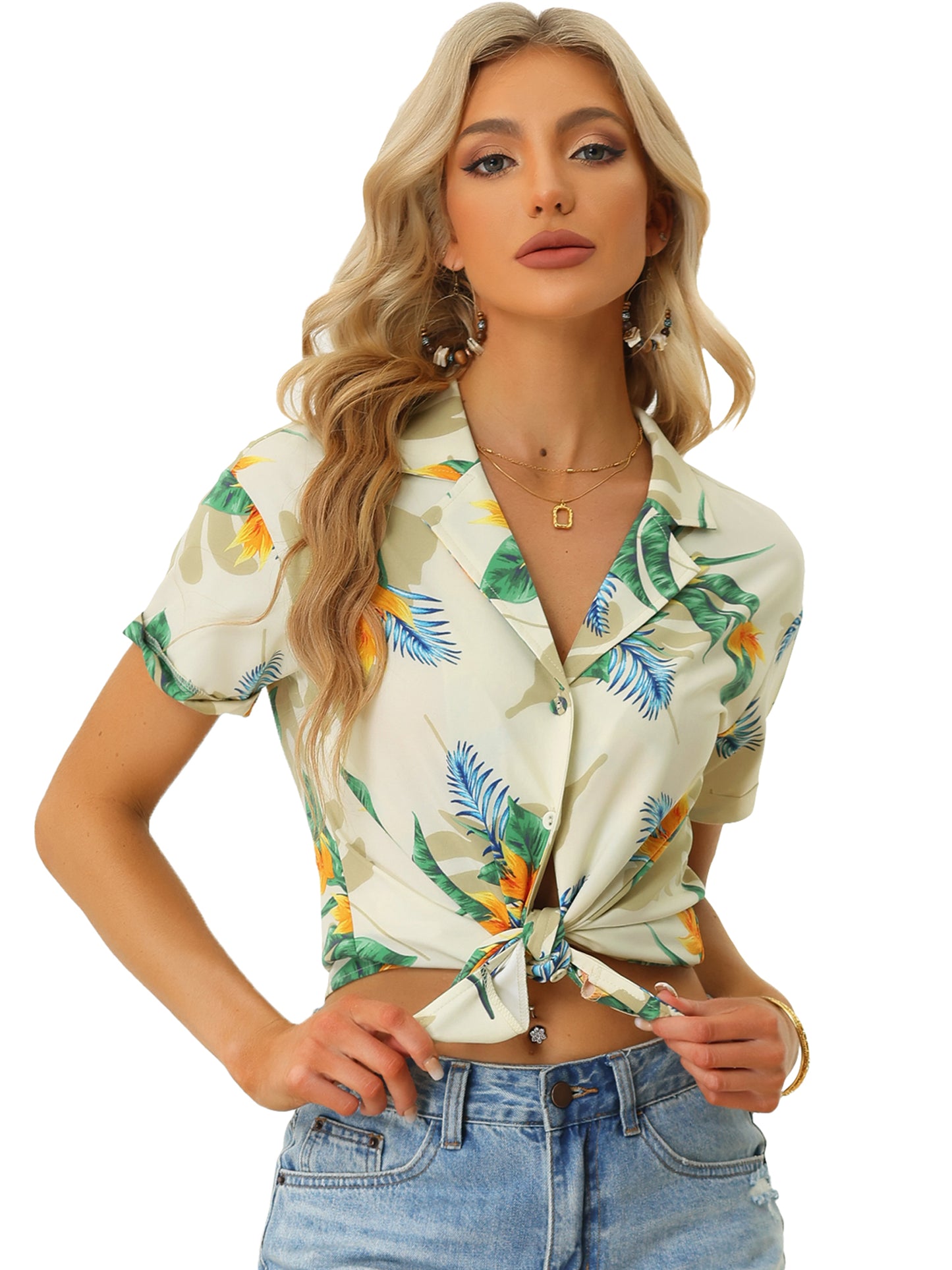 Women's Hawaiian Summer Floral Leaves Printed Short Sleeve Top Tropical Button Down Shirt (Available in Plus Size)