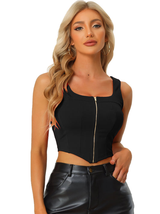 Women's Square Neck Asymmetrical Hem Zip Front Crop Cami Tank Top