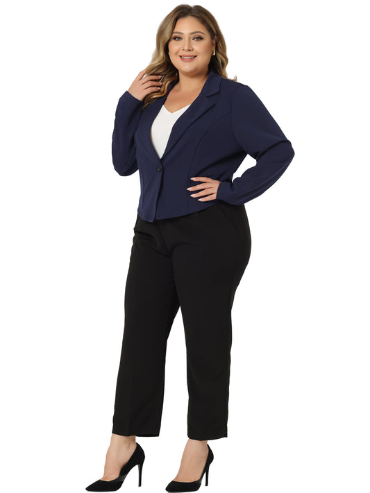 Women Plus Size Business Suit Blazer Button Office Work Navy Blue Crop Suit Jacket