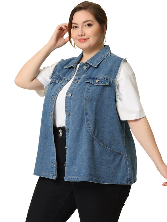 Women Plus Size Denim Vests Causal Button Boyfriend Sleeveless Oversized Jean Vest Top