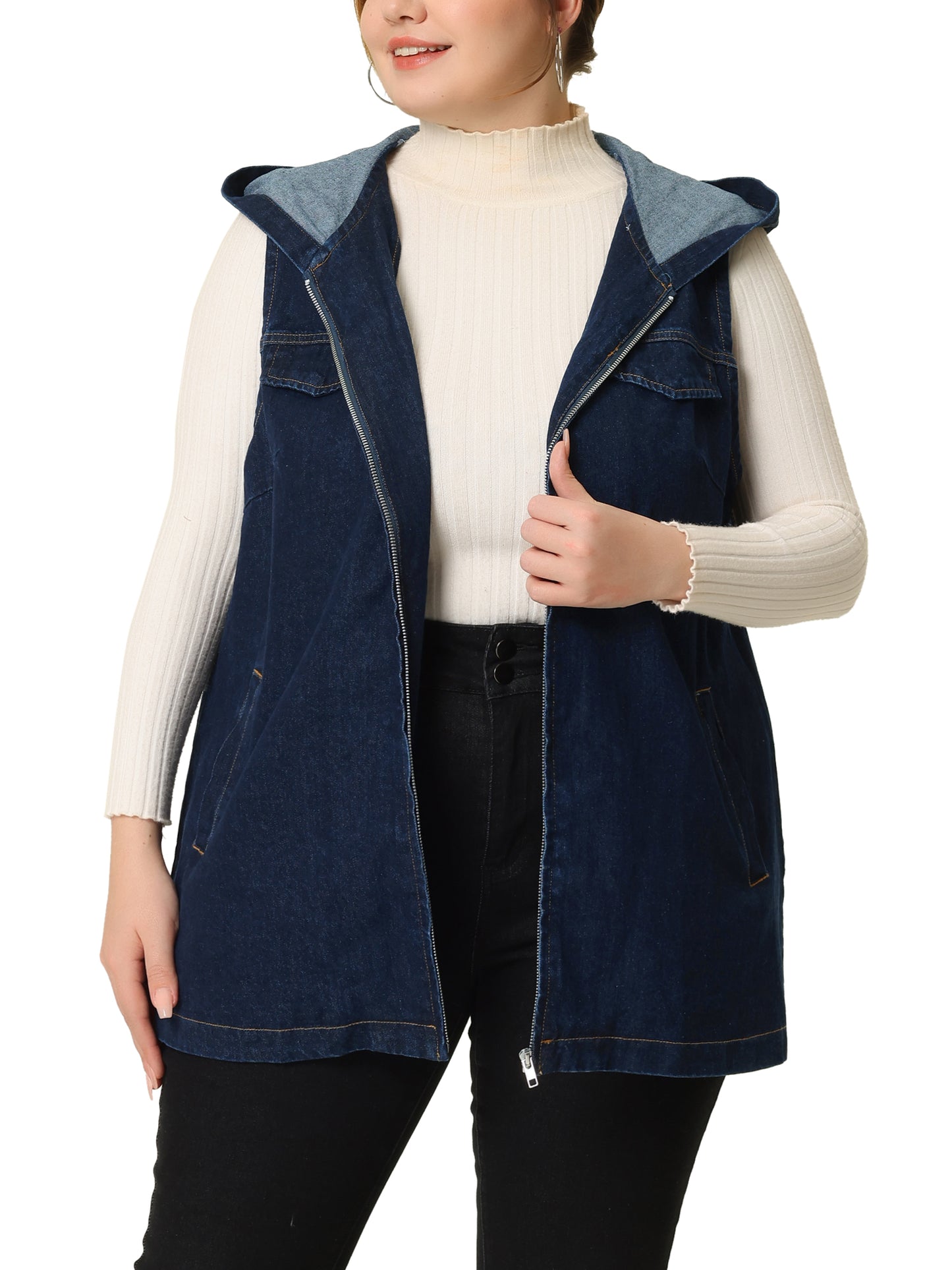 Women Plus Size Denim Vest Sleeveless Lightweight Hoodie Utility Denim Jacket Vest