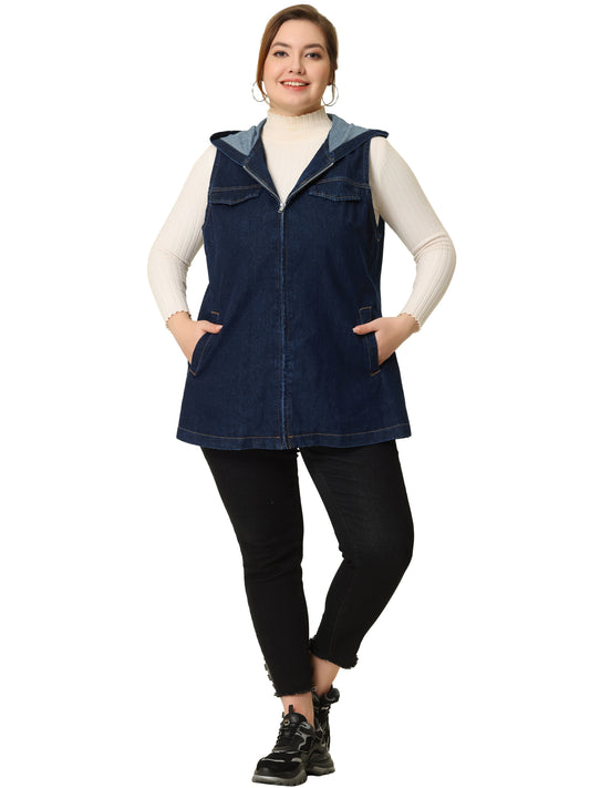 Chaleco vaquero de talla grande para mujer, sin mangas, ligero, con capucha, chaqueta vaquera utilitaria