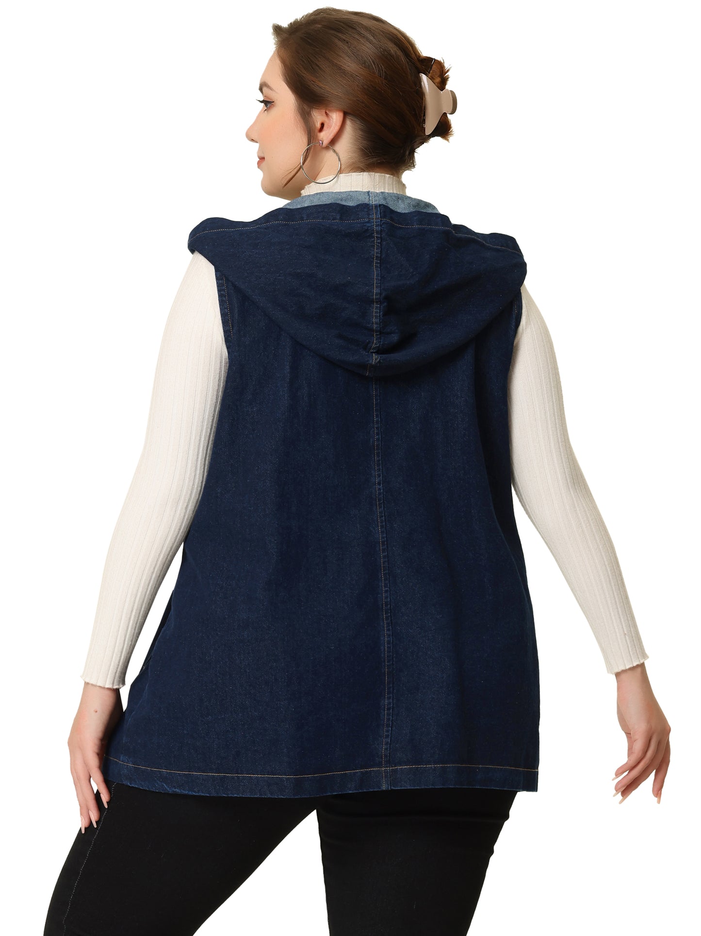 Women Plus Size Denim Vest Sleeveless Lightweight Hoodie Utility Denim Jacket Vest
