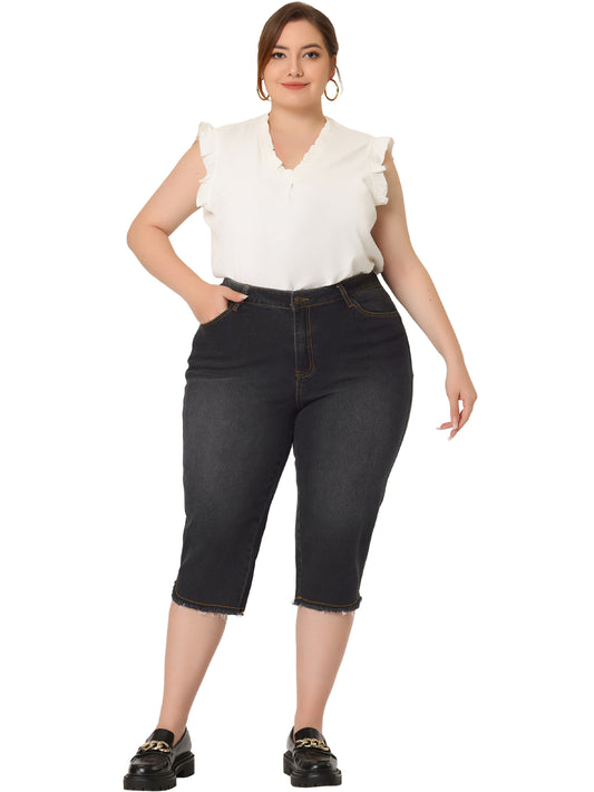 Pantalones cortos capri de mezclilla de talla grande para mujer, de verano, de tiro medio, elásticos, de pierna recta, con bolsillos