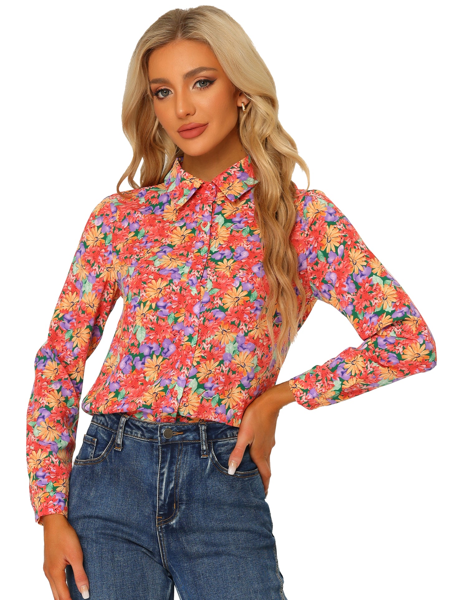 Women's Long Sleeve Button Down Ditsy Floral Shirt (Available in Plus Size)