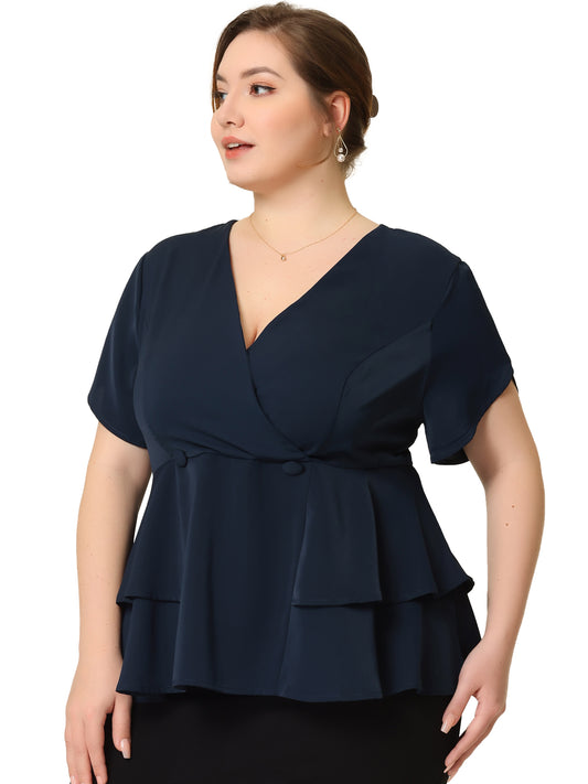 Women Plus Size Peplum Top Work V Neck Ruffle Hem Buttons Front Blazer Top