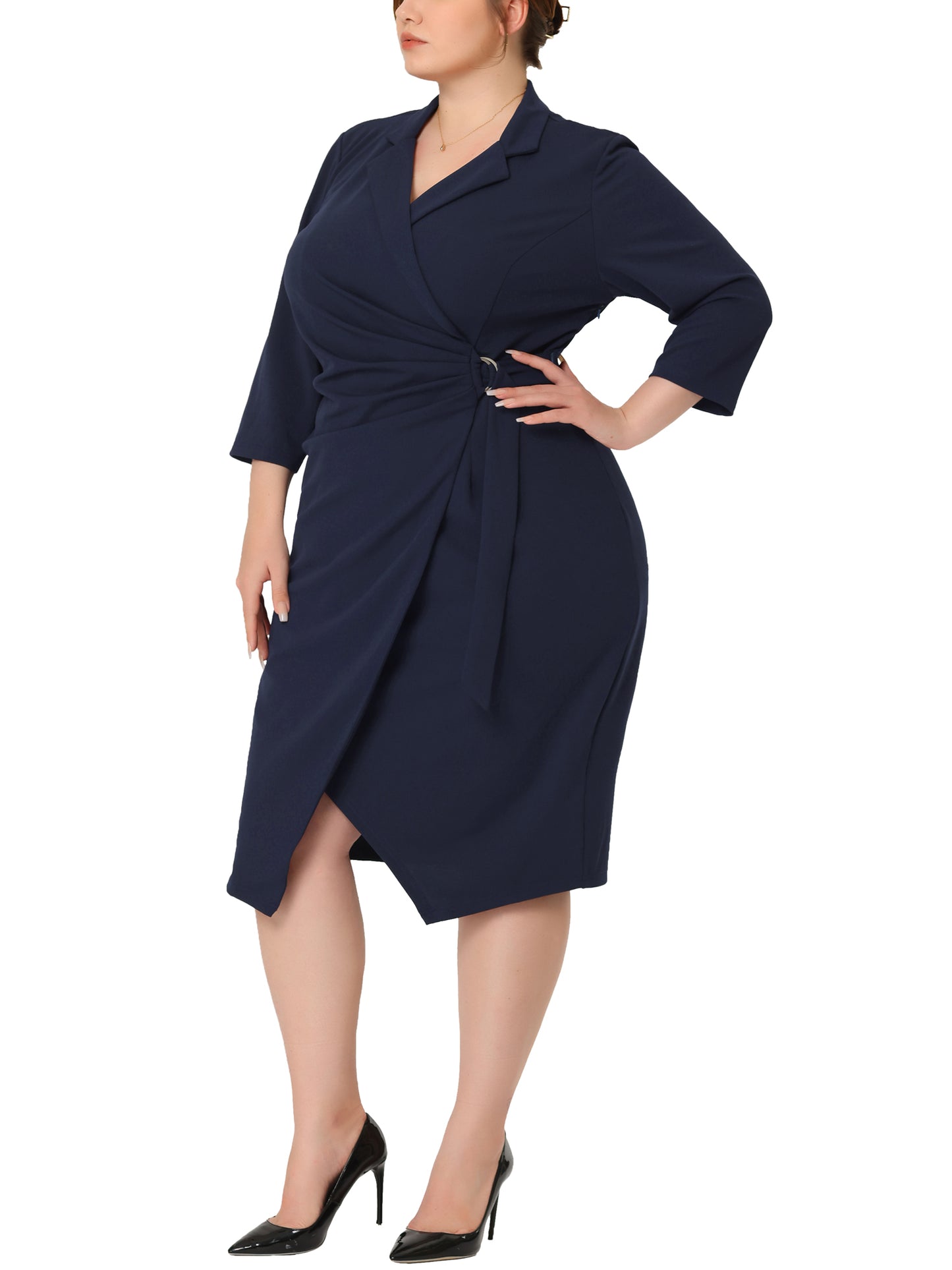 Women Plus Size Retro Dress 3/4 Sleeve Elegant Notched Lapel Cocktail Evening Sheath Dress