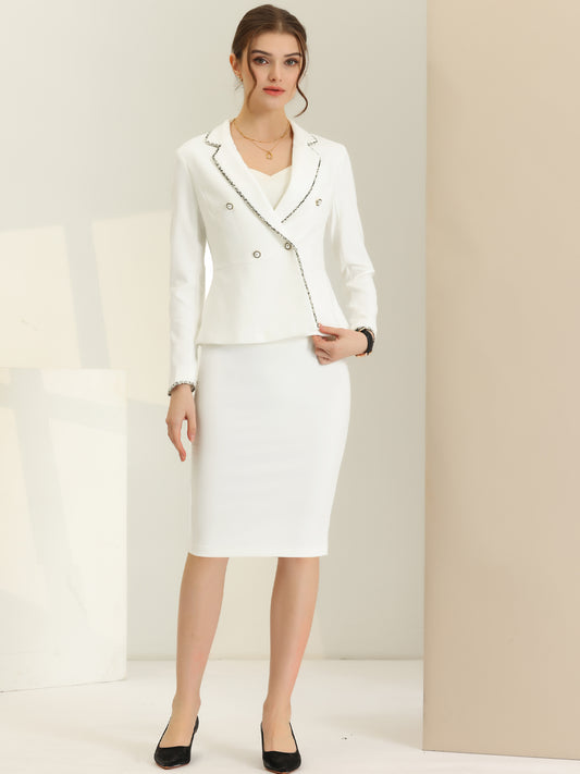 Women's 2 Piece Suit Skirt Set Tweed Trim Blazer Knee Length Pencil Skirt Business Office Wear