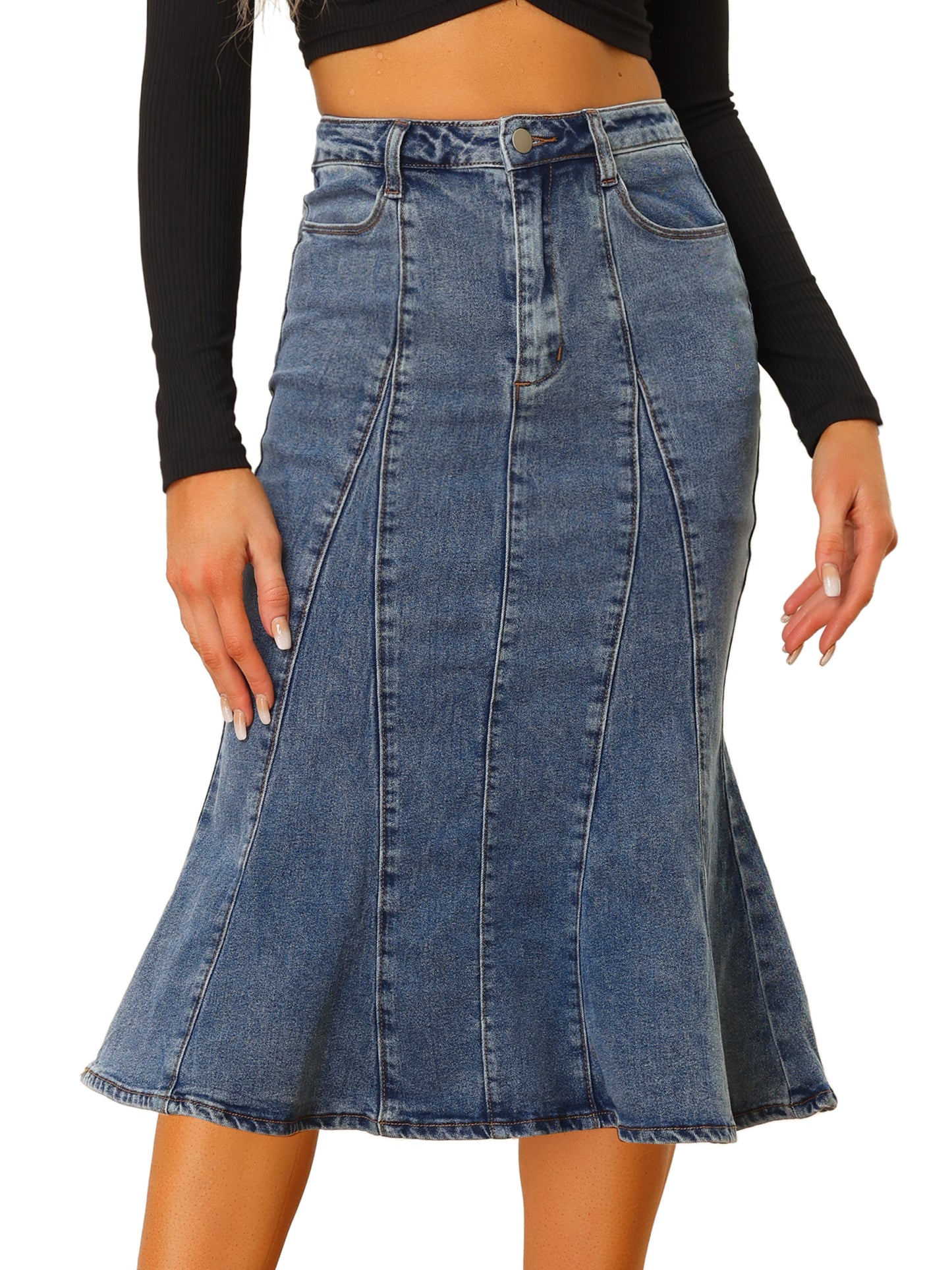 Falda vaquera midi ajustada de cintura alta con volantes y cola de pez para mujer