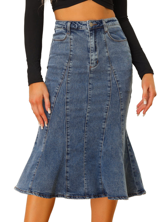 Falda vaquera midi ajustada de cintura alta con volantes y cola de pez para mujer