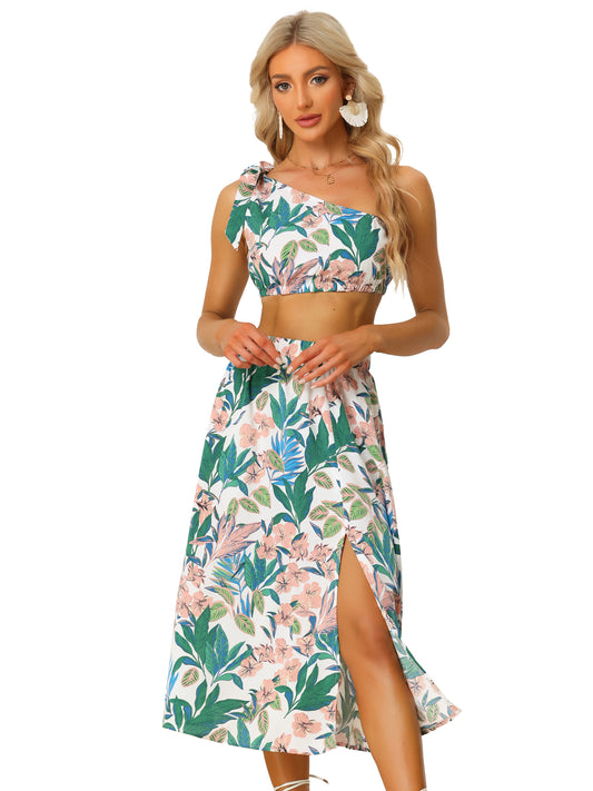 Women's Summer 2 Piece Floral Printed Crop Tube Tops and Split Long Skirt Set
