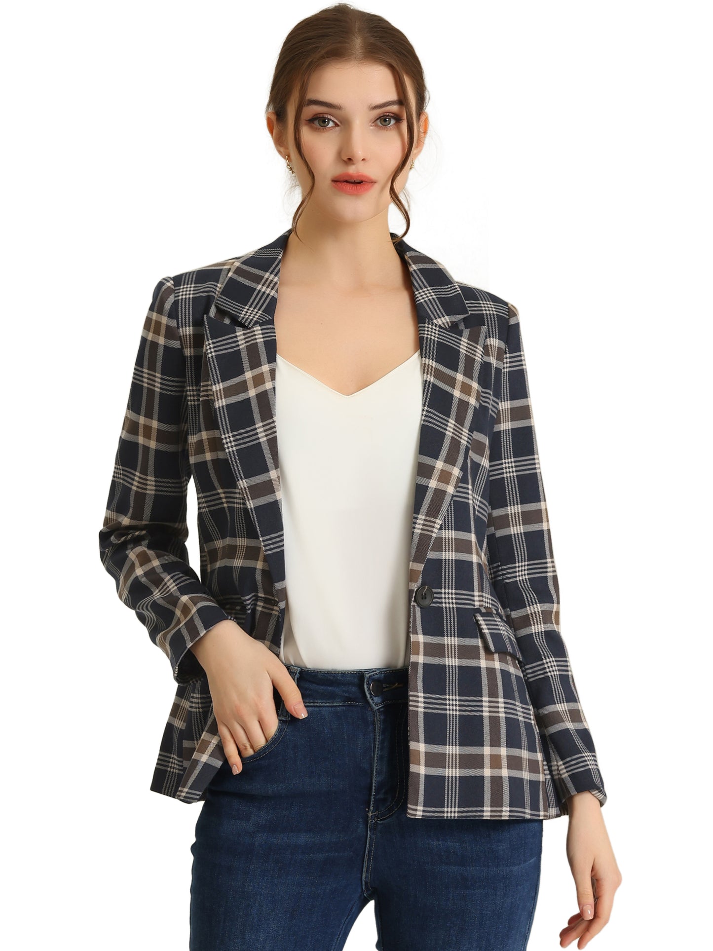 Women's Notched Lapel One Button Plaid Blazer Suit Jacket