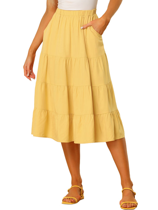 Women's Midi Skirts Flare Tiered Pleated Boho Solid Elastic Waist Long A-Line Skirt with Pockets