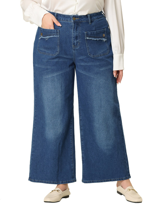 Women Plus Size Jeans Wide Leg Washed Stretch With Pockets Palazzo Denim Jeans