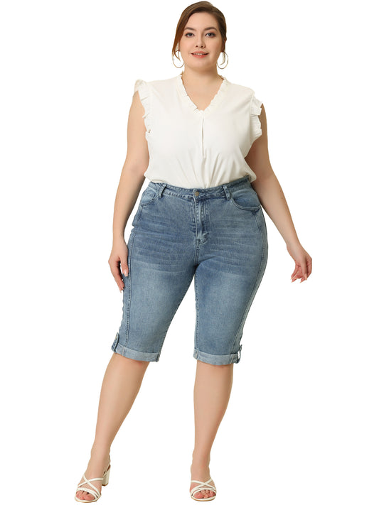 Vaqueros capri de mezclilla de talla grande para mujer, ajustados, elásticos, de tiro medio y con bolsillos