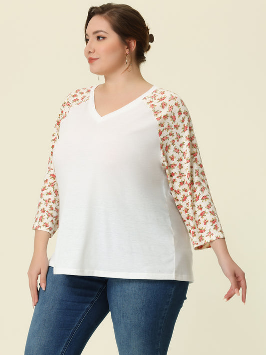 Women's Plus Size Top Casual V Neck 3/4 Sleeve Floral Raglan Top T-Shirt