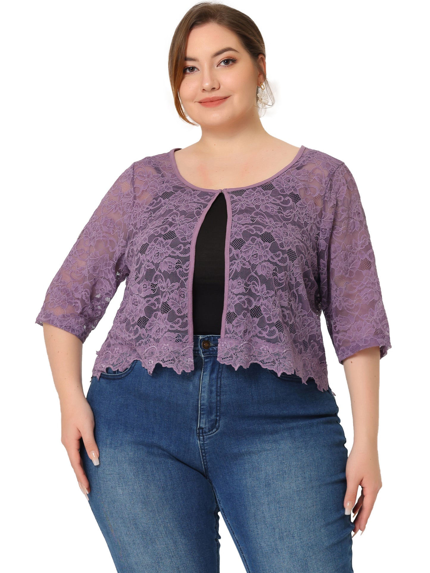 Women Plus Size Bolero Shrugs Floral Summer Cardigan 1/2 Sleeve Sheer Lace Shrug