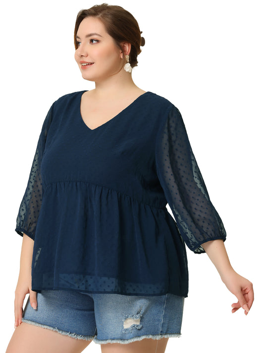 Women Plus Size Chiffon Top Babydoll Long Sleeve Swiss Dots Blouse