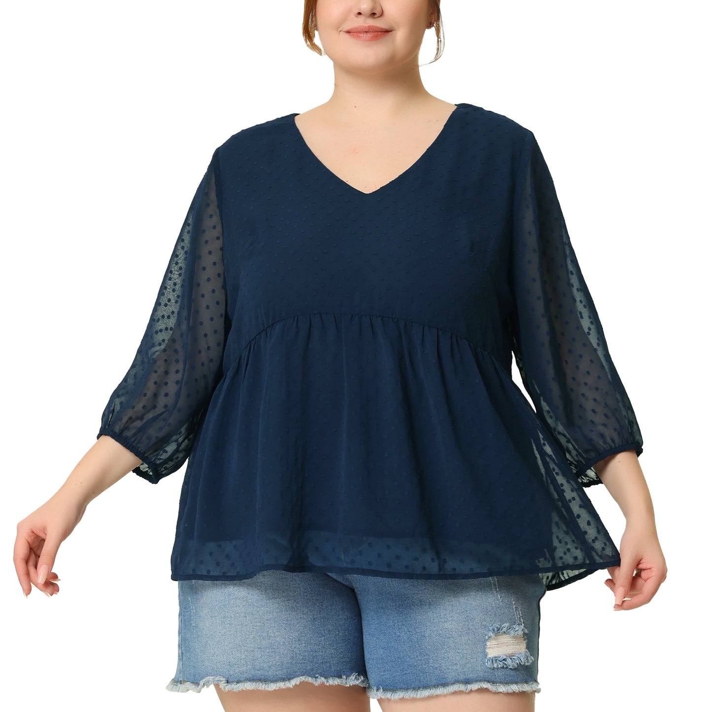 Women Plus Size Chiffon Top Babydoll Long Sleeve Swiss Dots Blouse