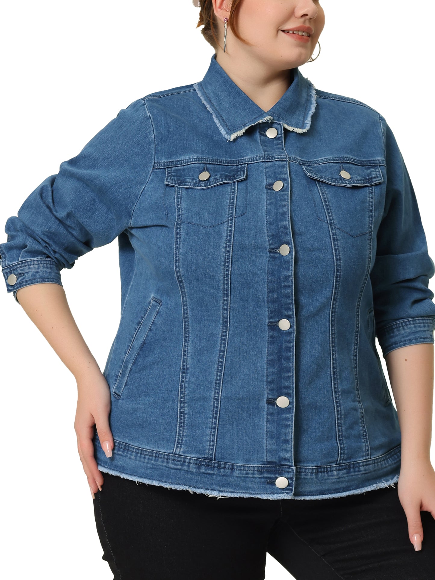 Chaqueta vaquera clásica lavada con dobladillo deshilachado para mujer, talla grande