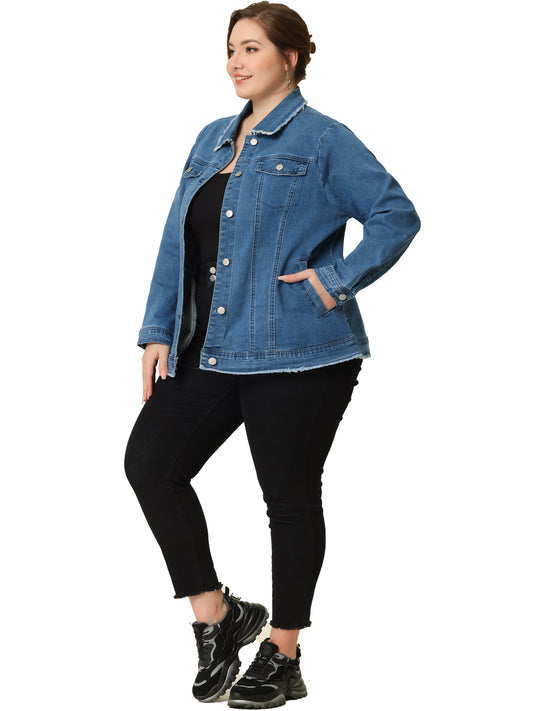 Chaqueta vaquera clásica lavada con dobladillo deshilachado para mujer, talla grande