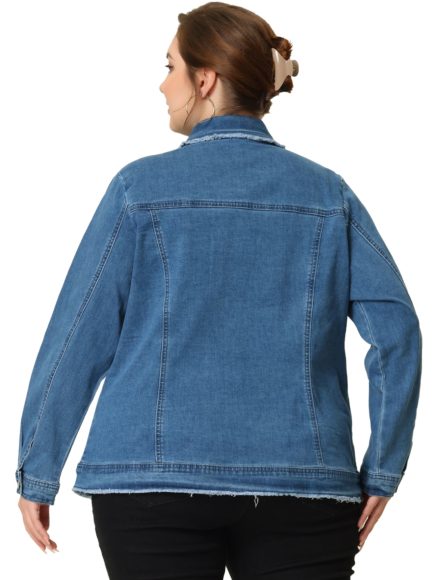 Chaqueta vaquera clásica lavada con dobladillo deshilachado para mujer, talla grande