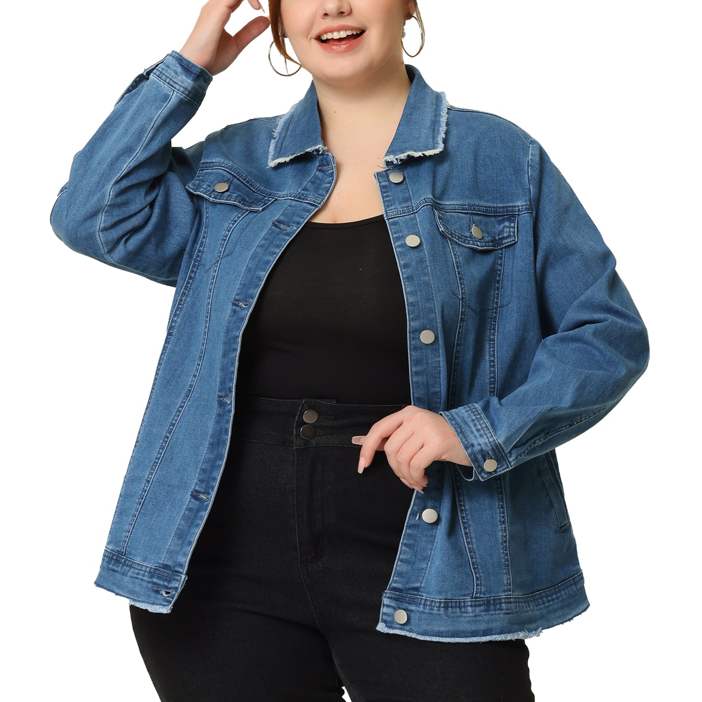 Chaqueta vaquera clásica lavada con dobladillo deshilachado para mujer, talla grande
