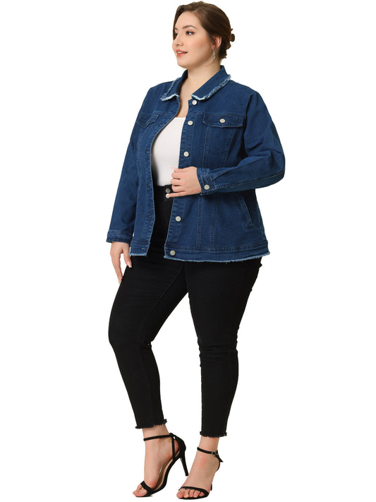 Chaqueta vaquera clásica lavada con dobladillo deshilachado para mujer, talla grande
