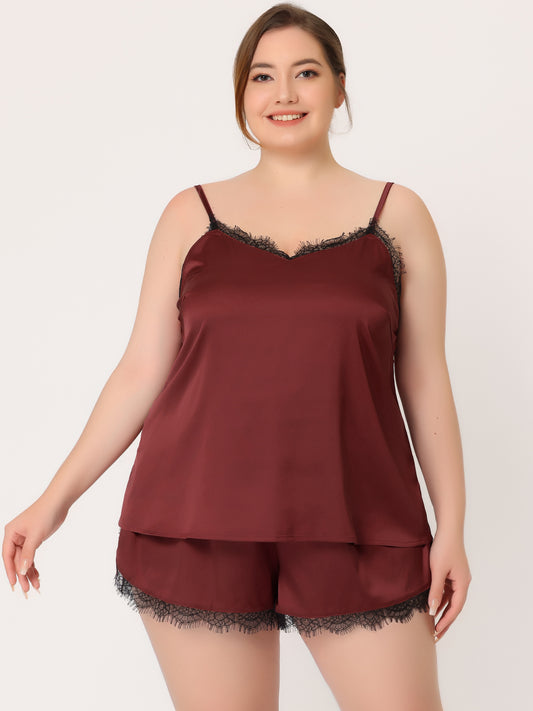 Women's Plus Size Satin Lace Panel Cami Top and Shorts Sleepwear 2 Pieces Pajamas Set