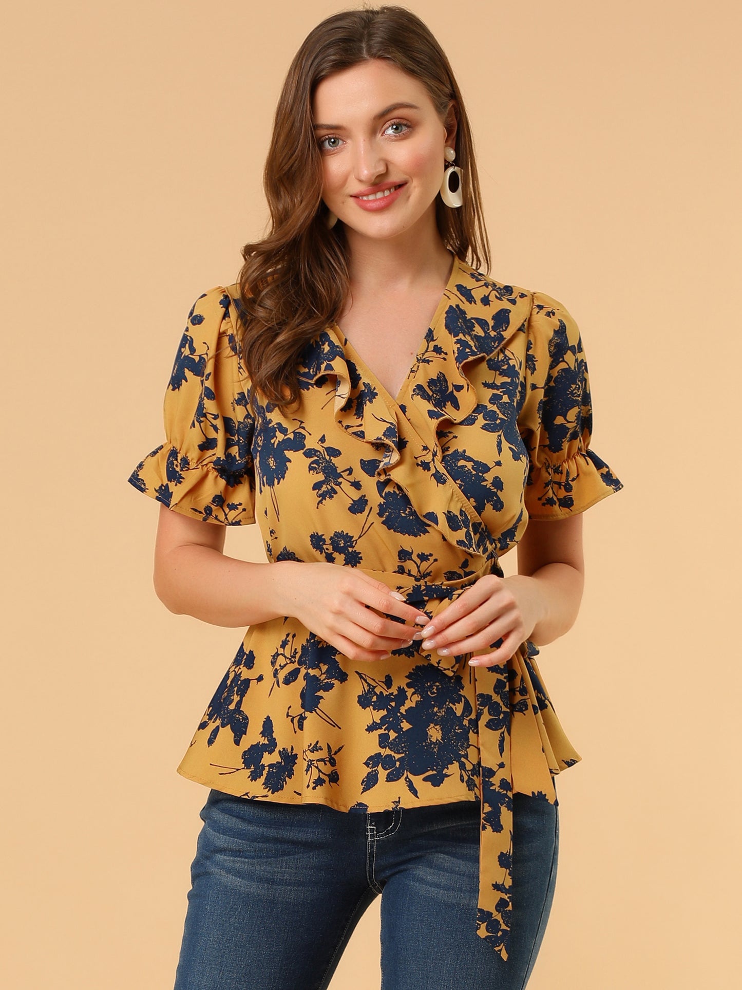 Blusa cruzada floral para mujer, manga corta, cuello en V con volantes y cinturón, peplum (disponible en tallas grandes)