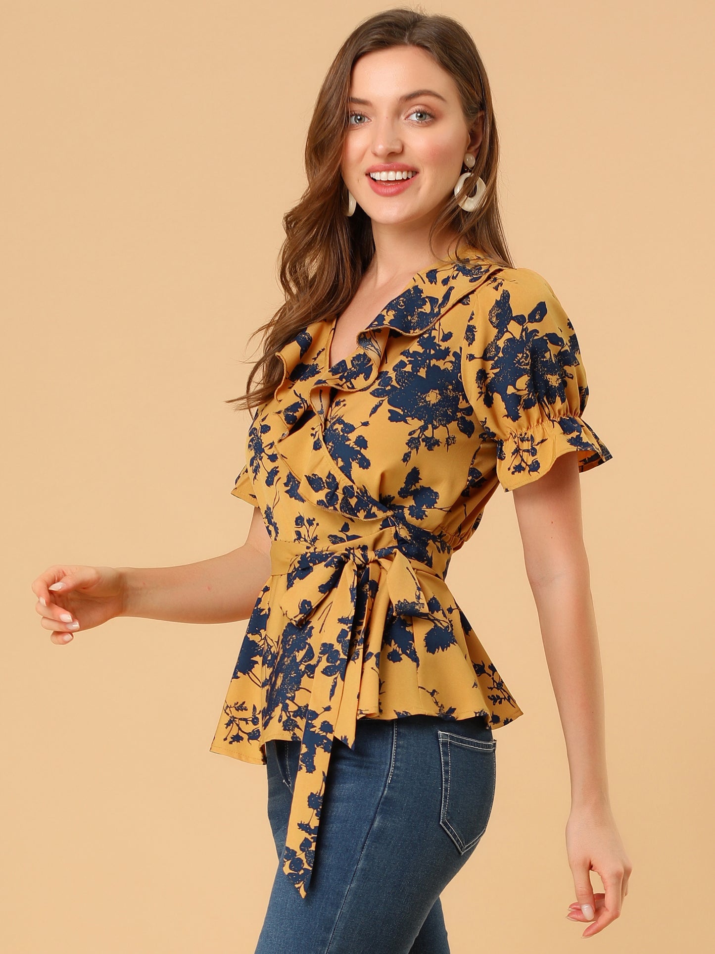 Women's Wrap Blouse Floral Short Sleeve Ruffle V Neck Belted Peplum Top (Available in Plus Size)