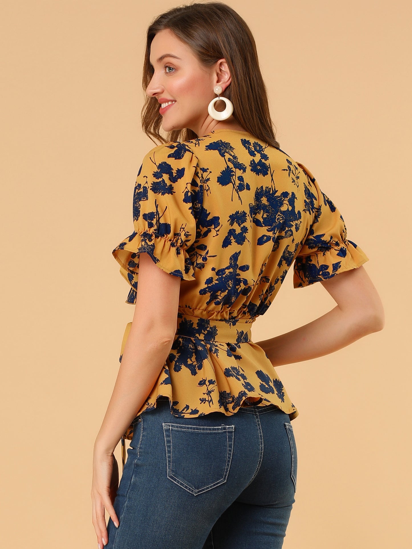 Women's Wrap Blouse Floral Short Sleeve Ruffle V Neck Belted Peplum Top (Available in Plus Size)