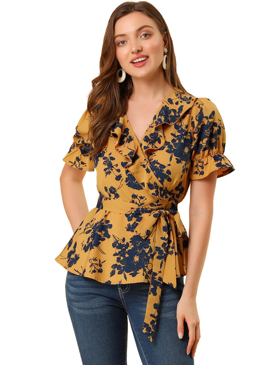 Women's Wrap Blouse Floral Short Sleeve Ruffle V Neck Belted Peplum Top (Available in Plus Size)